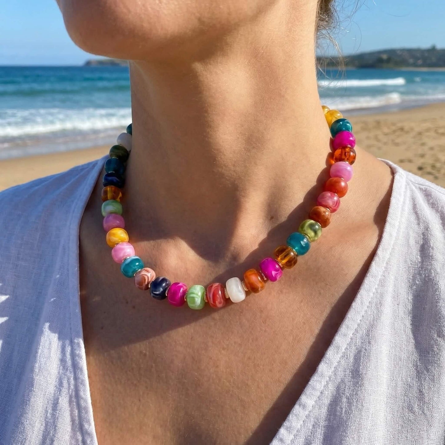 Boho Rainbow Cylinder Bead Choker Necklace for Women - Colorful Candy Resin Statement Jewelry