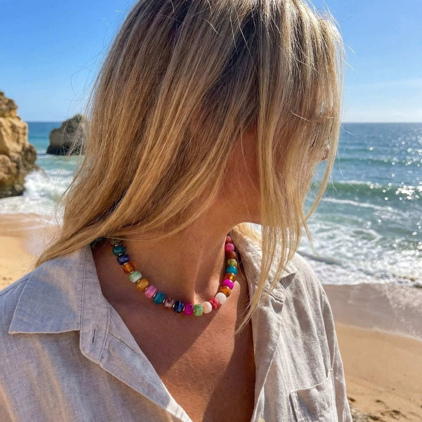 Boho Rainbow Cylinder Bead Choker Necklace for Women - Colorful Candy Resin Statement Jewelry