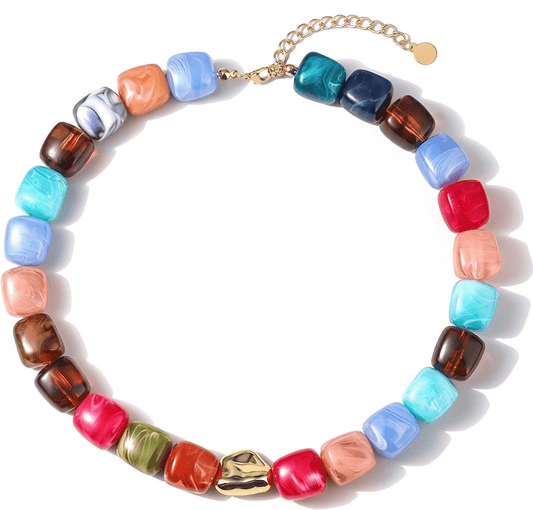 Boho Colorful Resin Beaded Choker Necklace for Women - Chunky Square Bead Statement Jewelry for Summer Vacation