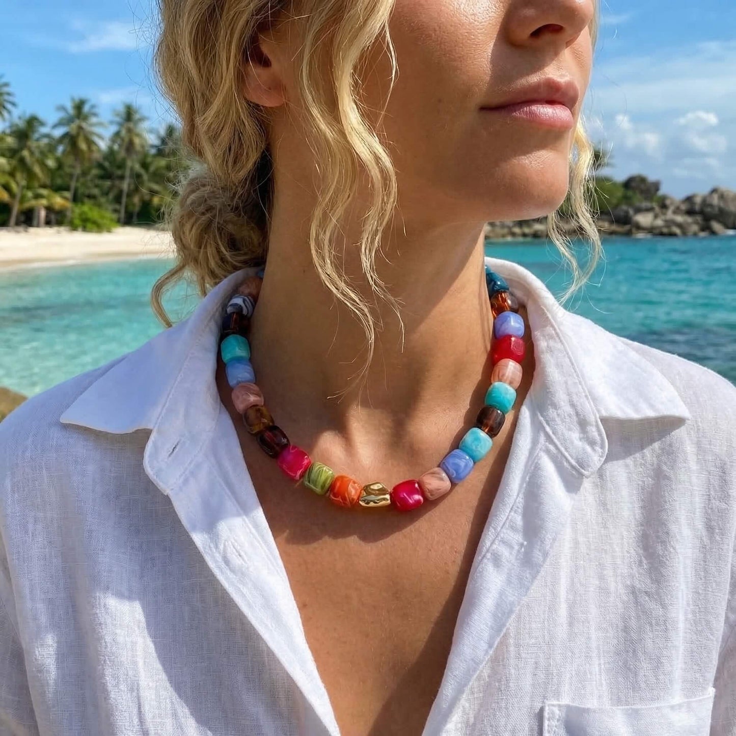 Boho Colorful Resin Beaded Choker Necklace for Women - Chunky Square Bead Statement Jewelry for Summer Vacation