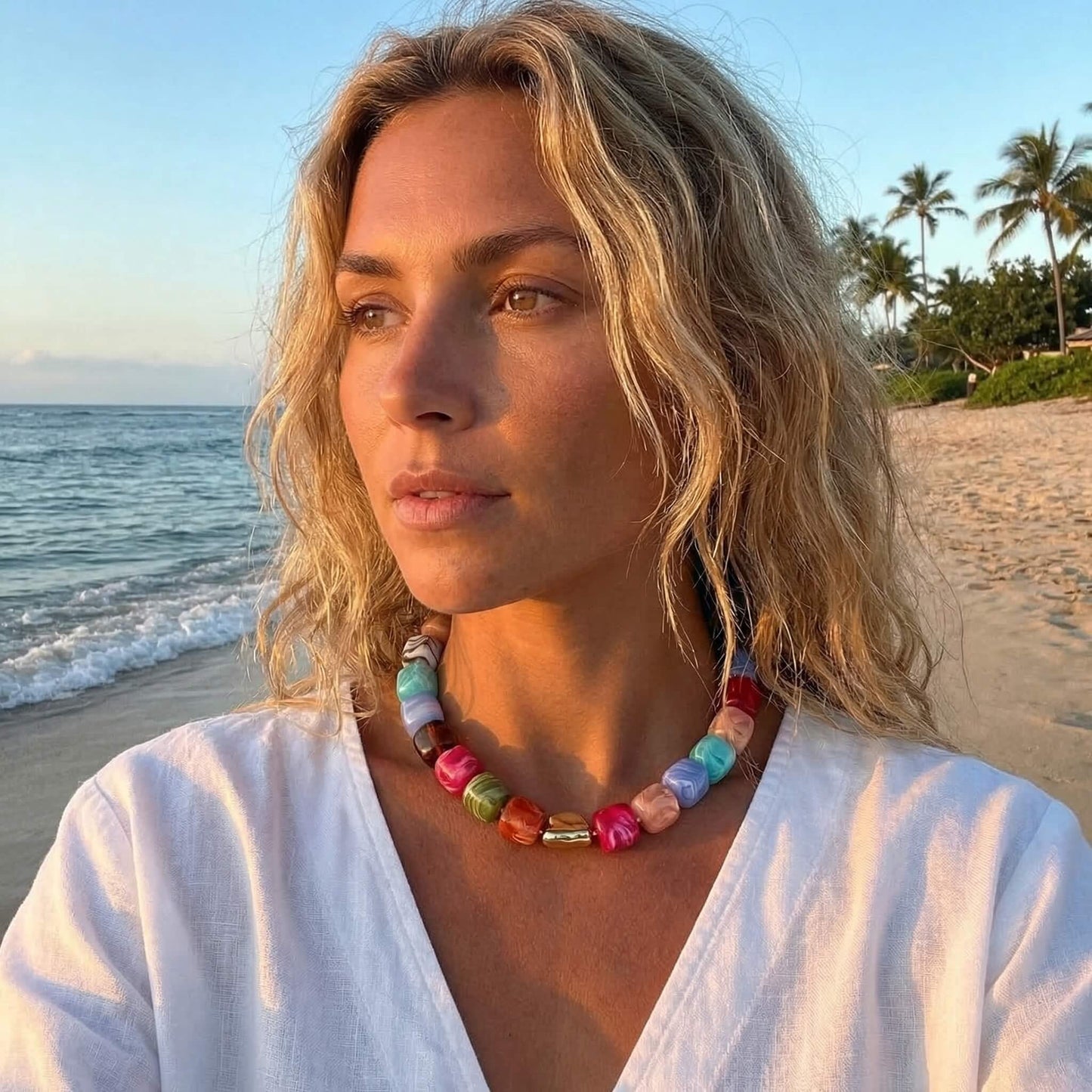 Boho Colorful Resin Beaded Choker Necklace for Women - Chunky Square Bead Statement Jewelry for Summer Vacation