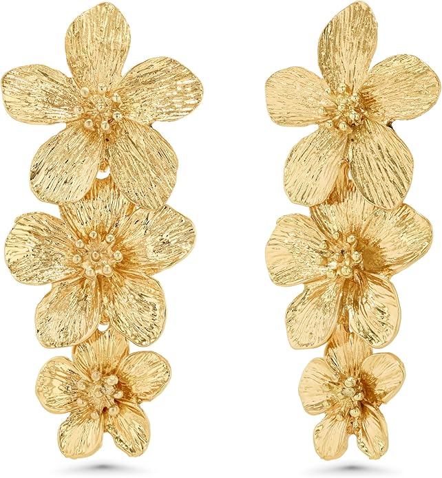 Gold Chunky Flower Statement Earrings for Women | Handmade Floral Drop Jewelry | Bold Vintage Hammered Dangle Earrings | Perfect Wedding & Birthday Gift