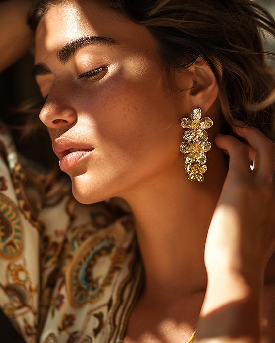 Gold Chunky Flower Statement Earrings for Women | Handmade Floral Drop Jewelry | Bold Vintage Hammered Dangle Earrings | Perfect Wedding & Birthday Gift