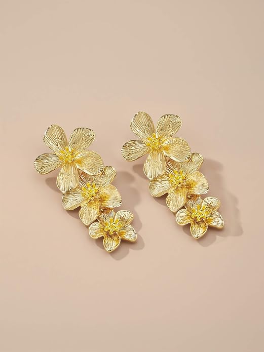 Gold Chunky Flower Statement Earrings for Women | Handmade Floral Drop Jewelry | Bold Vintage Hammered Dangle Earrings | Perfect Wedding & Birthday Gift