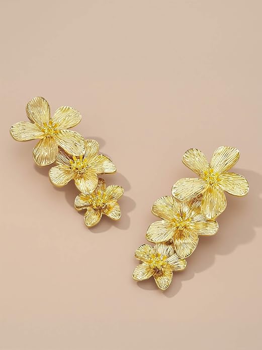 Gold Chunky Flower Statement Earrings for Women | Handmade Floral Drop Jewelry | Bold Vintage Hammered Dangle Earrings | Perfect Wedding & Birthday Gift
