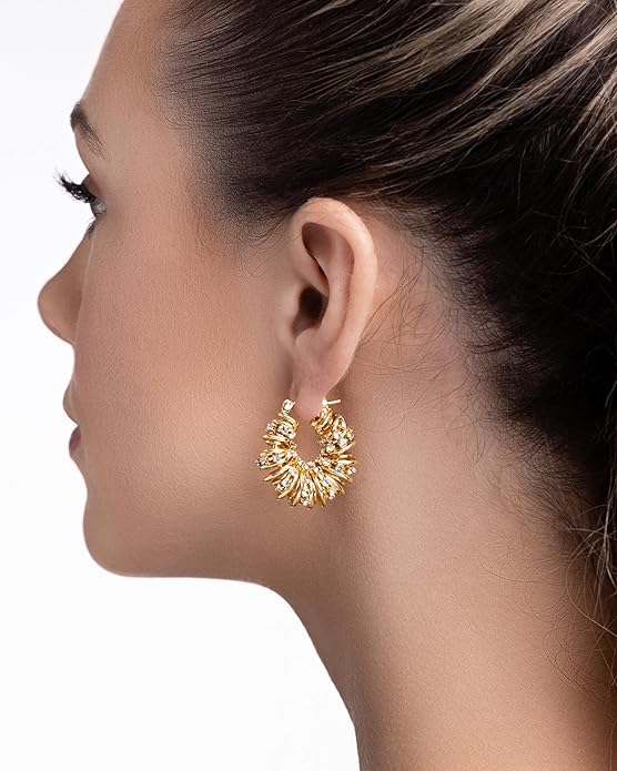 Chunky Gold Hoop Earrings with CZ | Dangle & Drop Statement Earrings | Women's Gold Jewelry