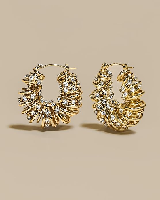 Chunky Gold Hoop Earrings with CZ | Dangle & Drop Statement Earrings | Women's Gold Jewelry