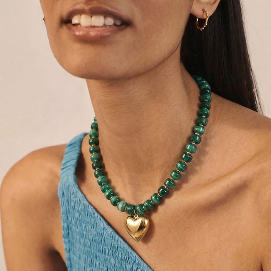 Chunky Green Beaded Heart Choker