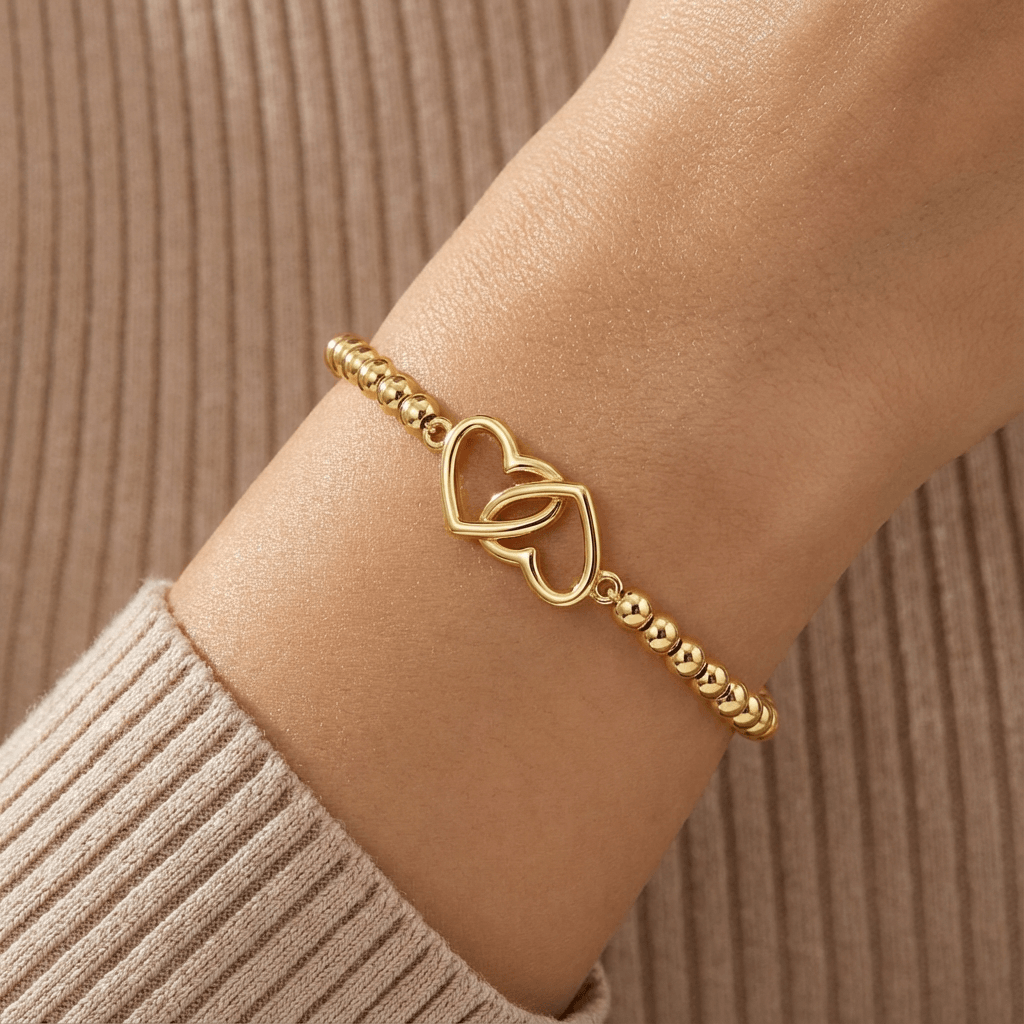 14K Gold Plated Beaded Stretch Bracelet with Double Heart Charm