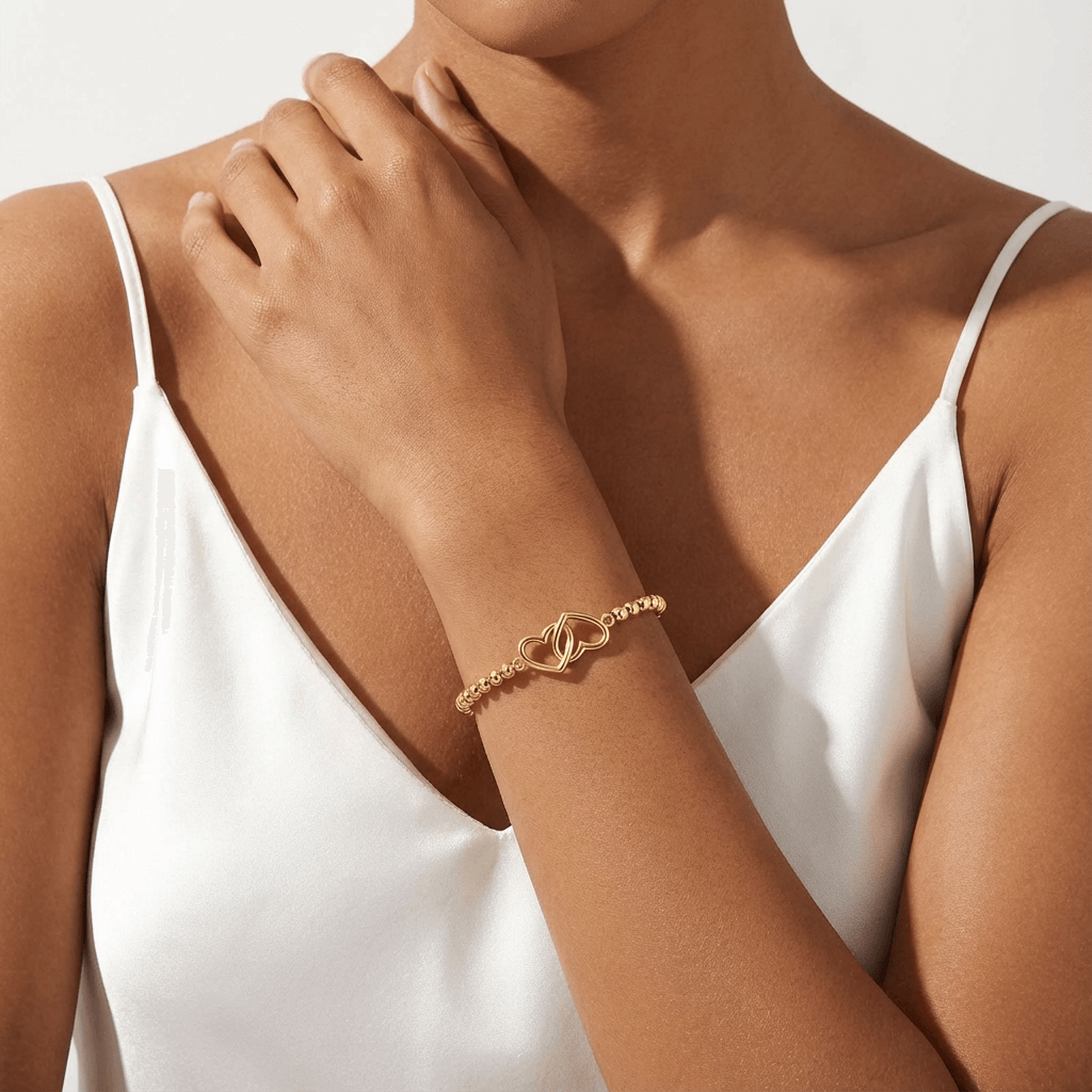 14K Gold Plated Beaded Stretch Bracelet with Double Heart Charm