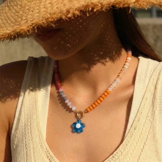 Rainbow Natural Stone Beaded Necklace - Summer Beach Choker with Blue Flower Pendant