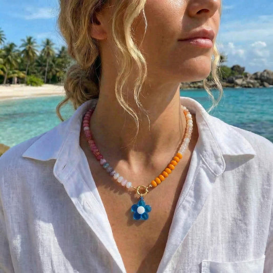 Rainbow Natural Stone Beaded Necklace - Summer Beach Choker with Blue Flower Pendant