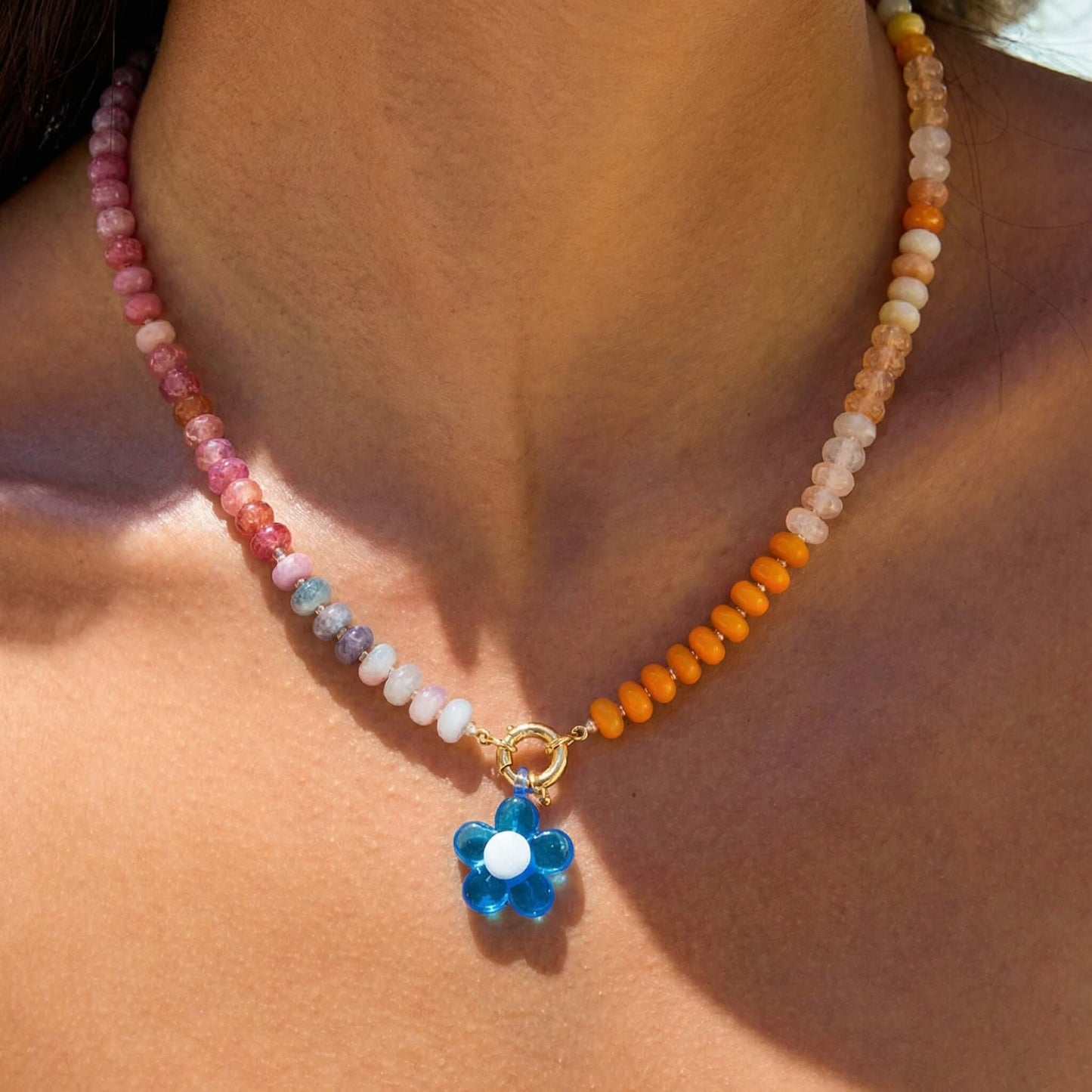 Rainbow Natural Stone Beaded Necklace - Summer Beach Choker with Blue Flower Pendant