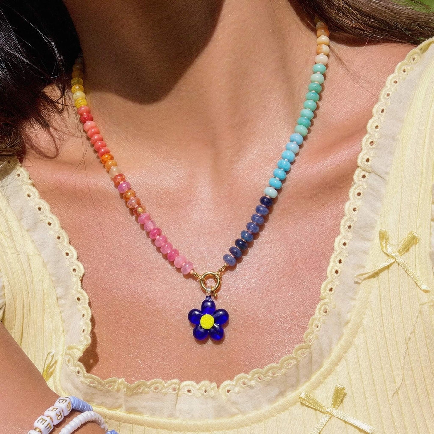 Vibrant Rainbow Natural Stone Beaded Necklace - Bold Blue Flower Choker
