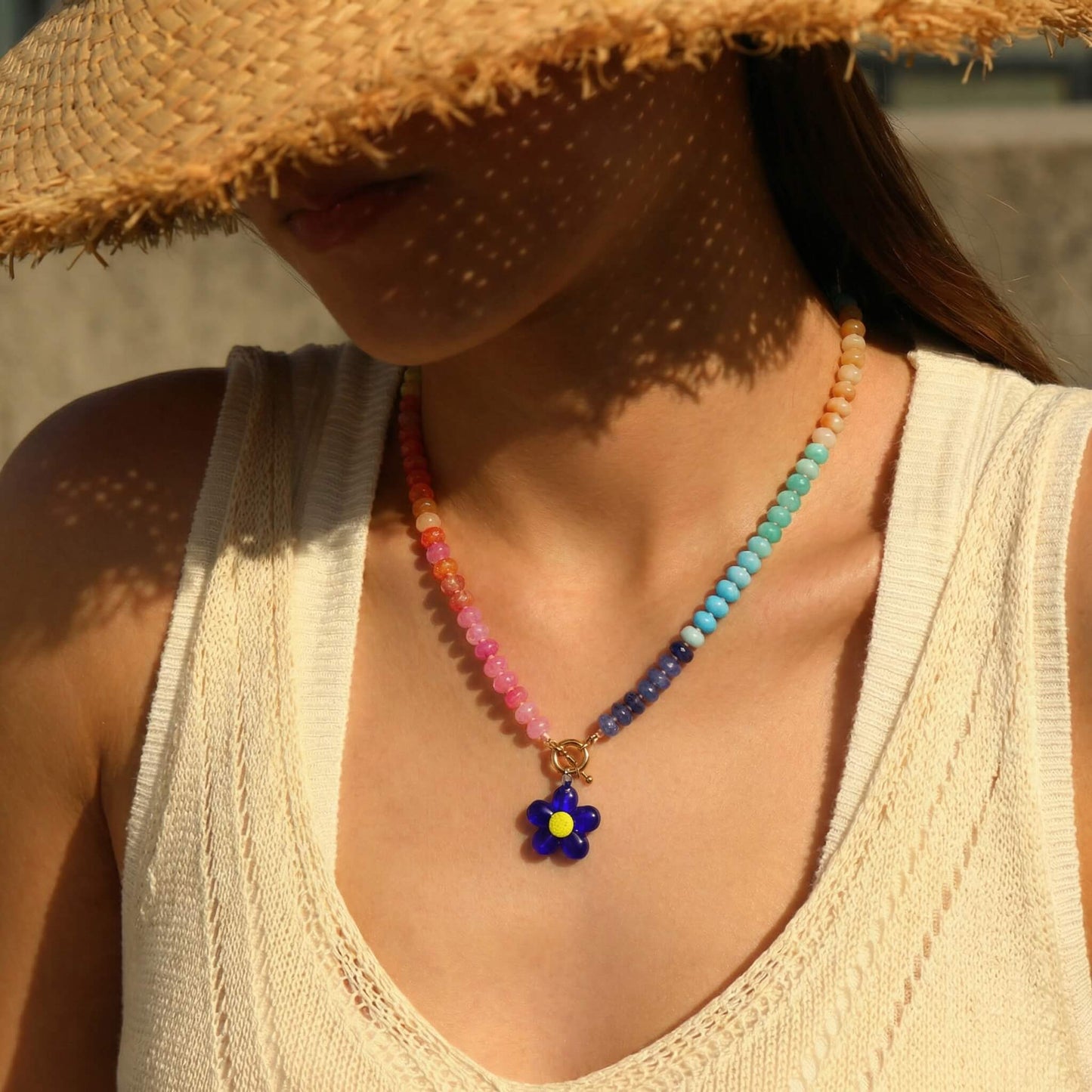 Vibrant Rainbow Natural Stone Beaded Necklace - Bold Blue Flower Choker