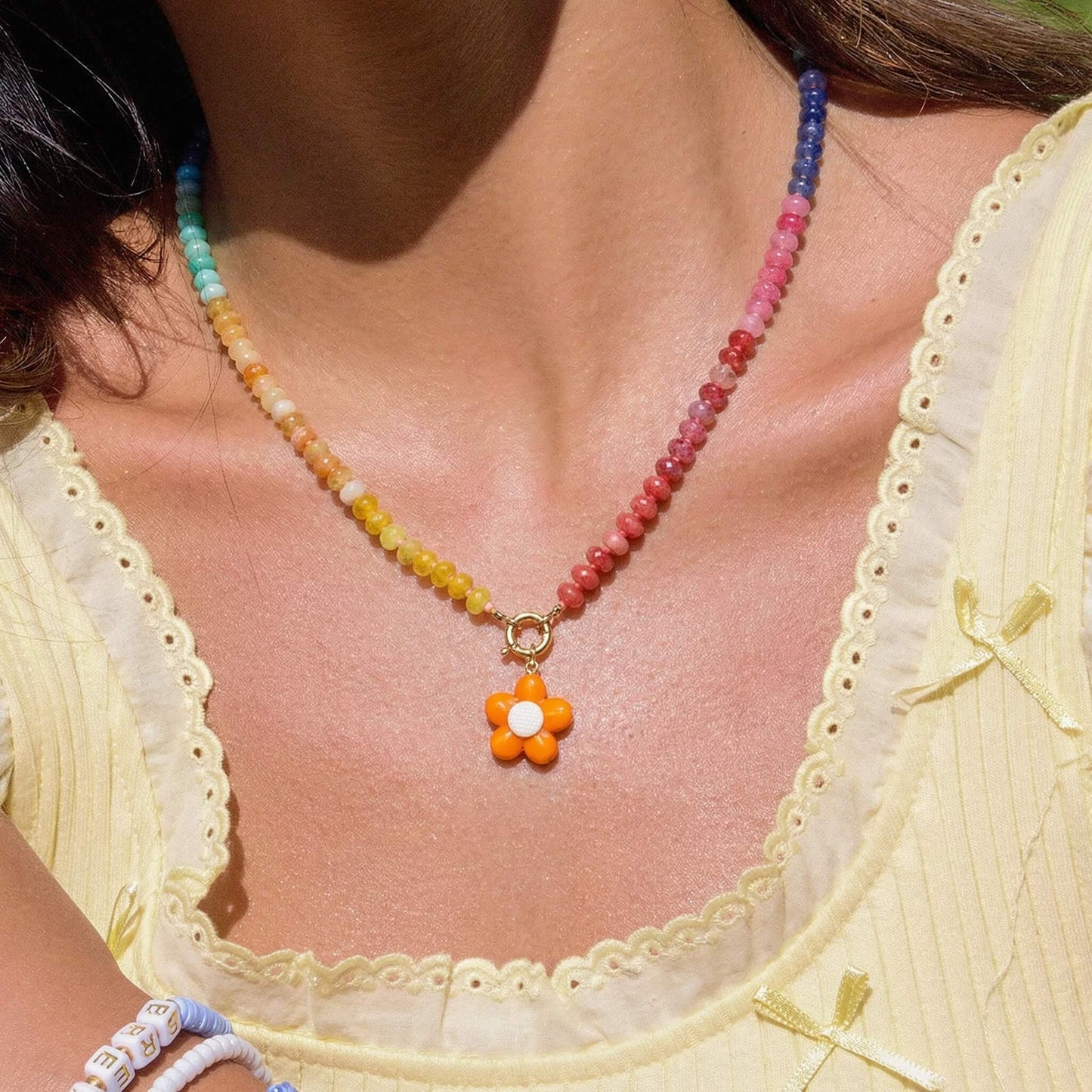 Summer Vibe Rainbow Beaded Choker with Cute Orange Flower Pendant