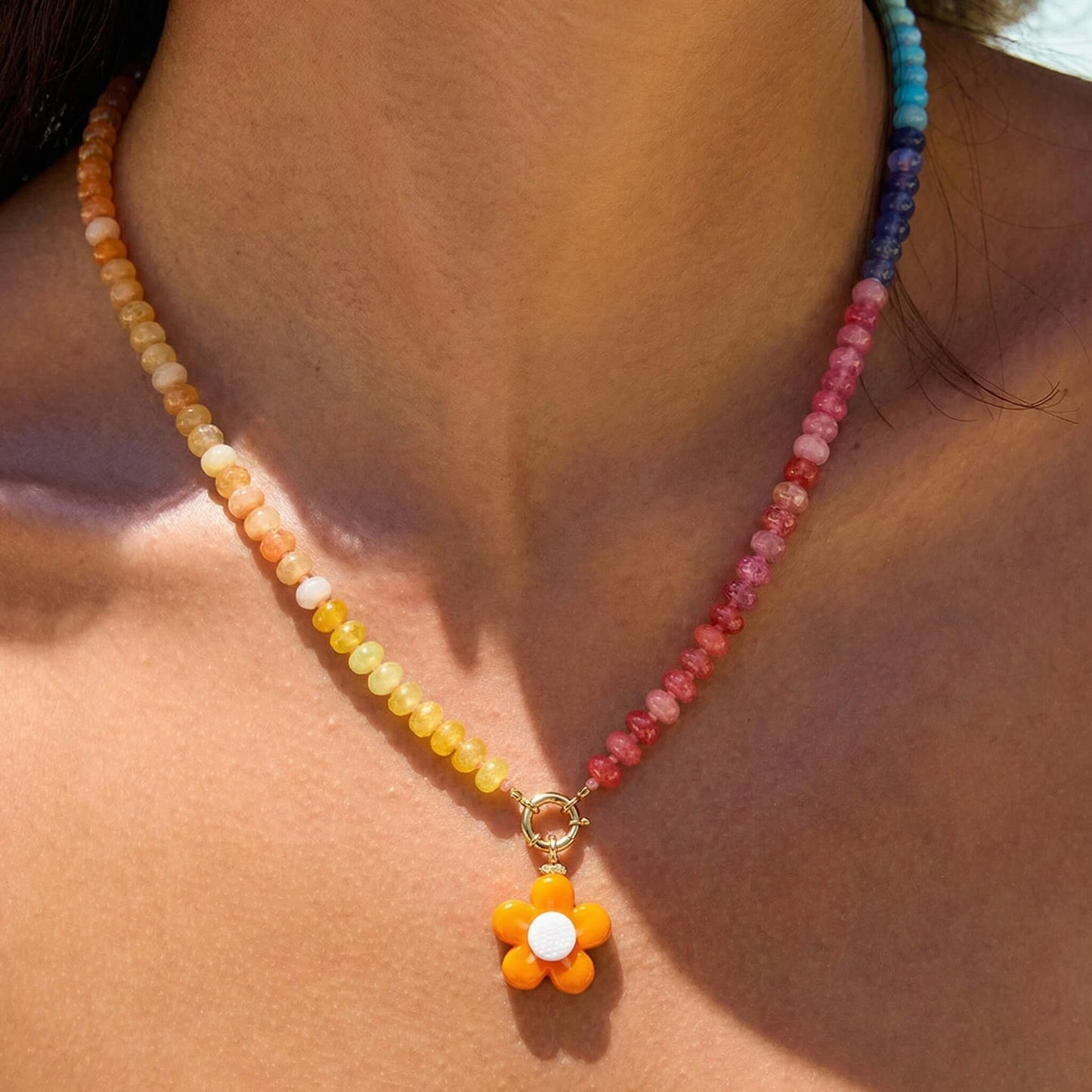 Summer Vibe Rainbow Beaded Choker with Cute Orange Flower Pendant