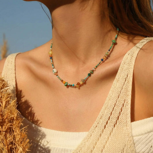 Vintage Raw Turquoise Multi-Gemstone Choker - Natural Mixed Stone Summer Clavicle Necklace
