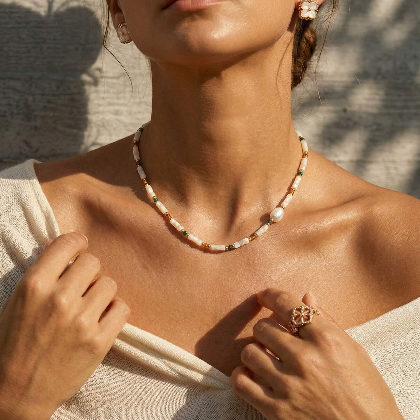 Mother of Pearl & Mixed Stone Choker with Unique Baroque Pearl Focal