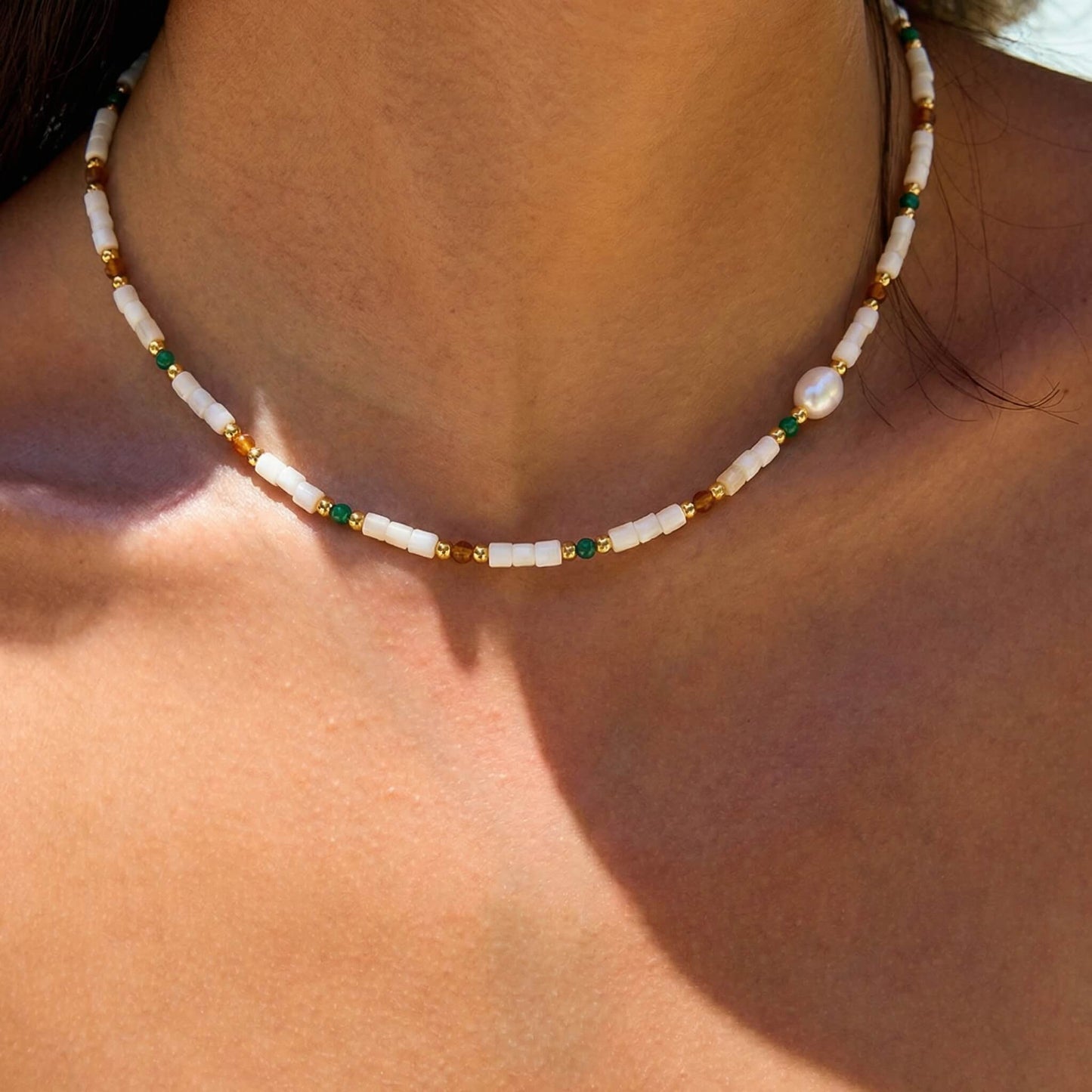 Mother of Pearl & Mixed Stone Choker with Unique Baroque Pearl Focal