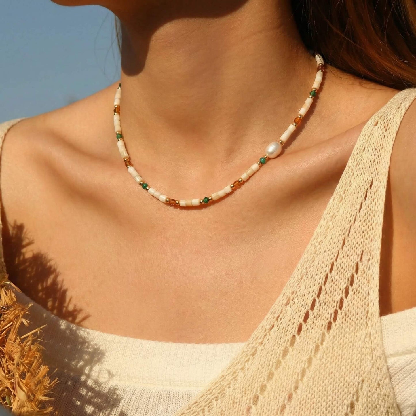 Mother of Pearl & Mixed Stone Choker with Unique Baroque Pearl Focal