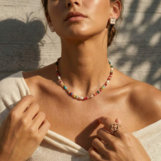 Multi-color Tiny Beaded & Pearl Choker Necklace - Summer Clavicle Chain