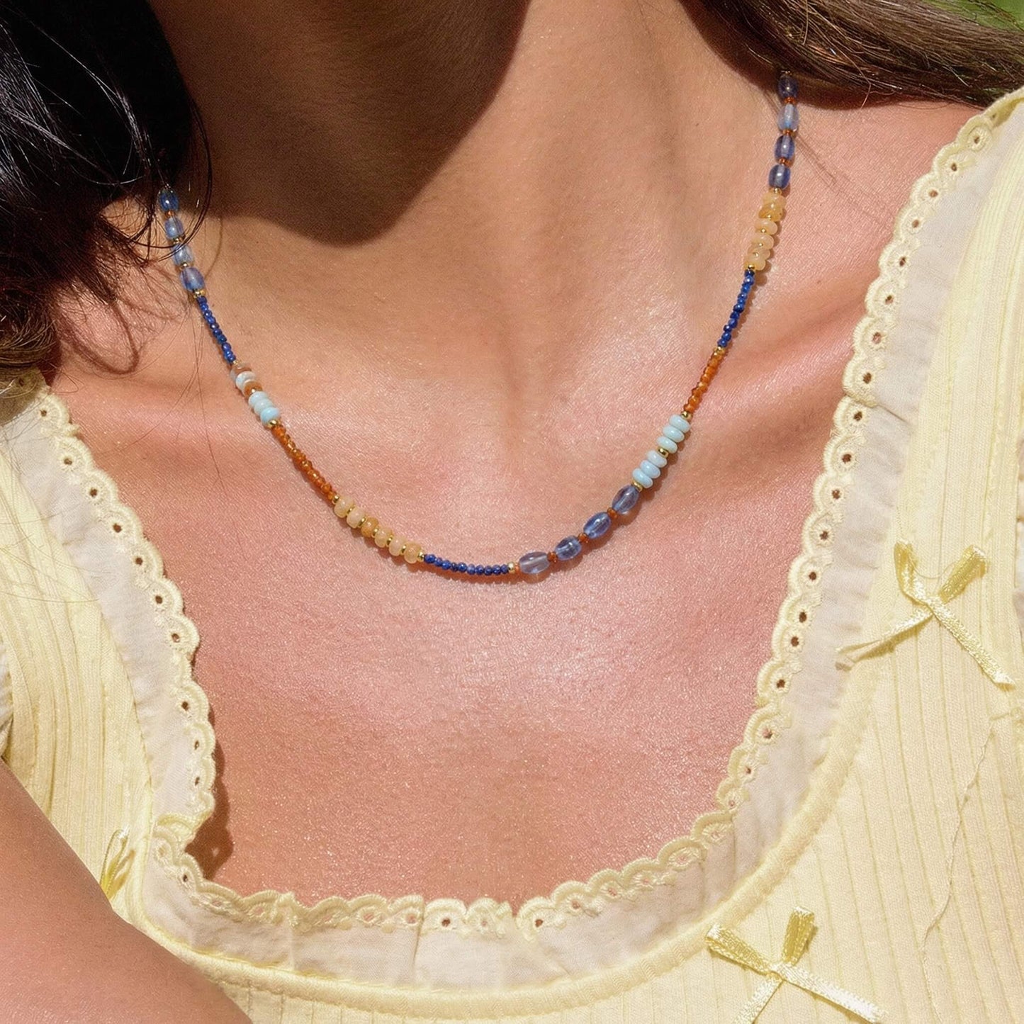 Summer Lapis Lazuli & Mixed Natural Stone Choker - Delicate Beaded Clavicle Necklace
