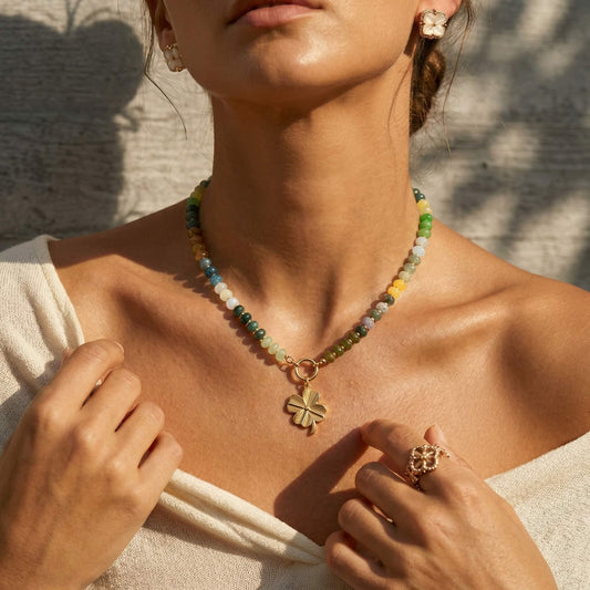 Natural Stone Beaded Necklace - Detachable Clover Pendant Choker - Non-Tarnish Summer Clavicle Chain
