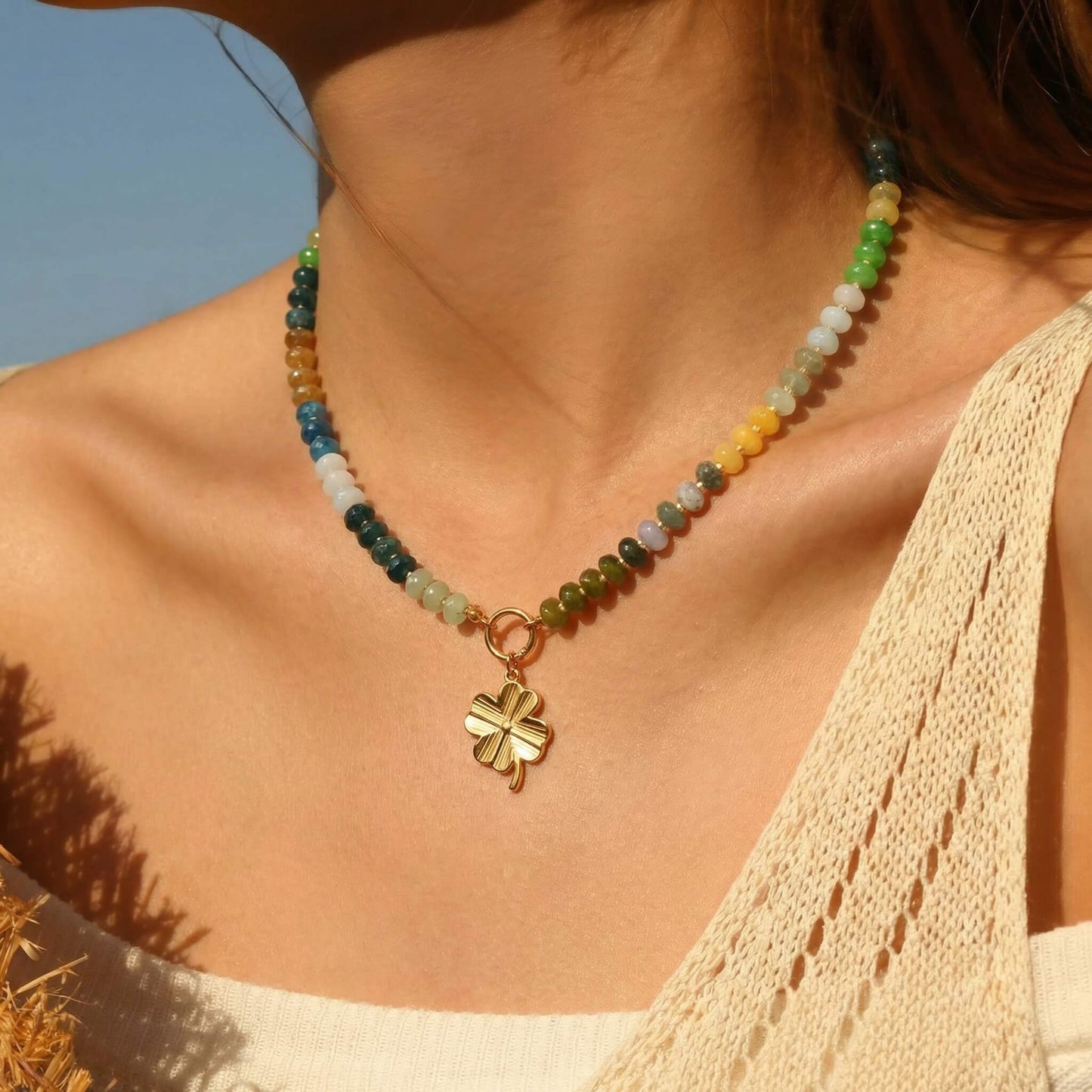 Natural Stone Beaded Necklace - Detachable Clover Pendant Choker - Non-Tarnish Summer Clavicle Chain