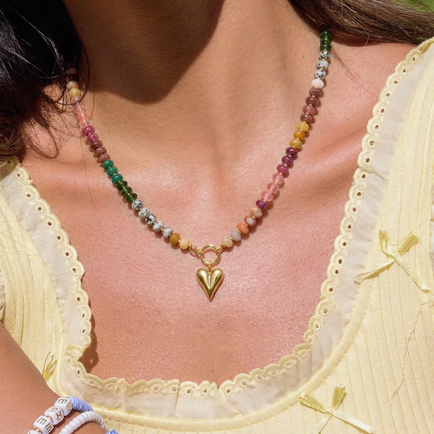 Rainbow Natural Stone Beaded Choker - Detachable Gold Heart Pendant