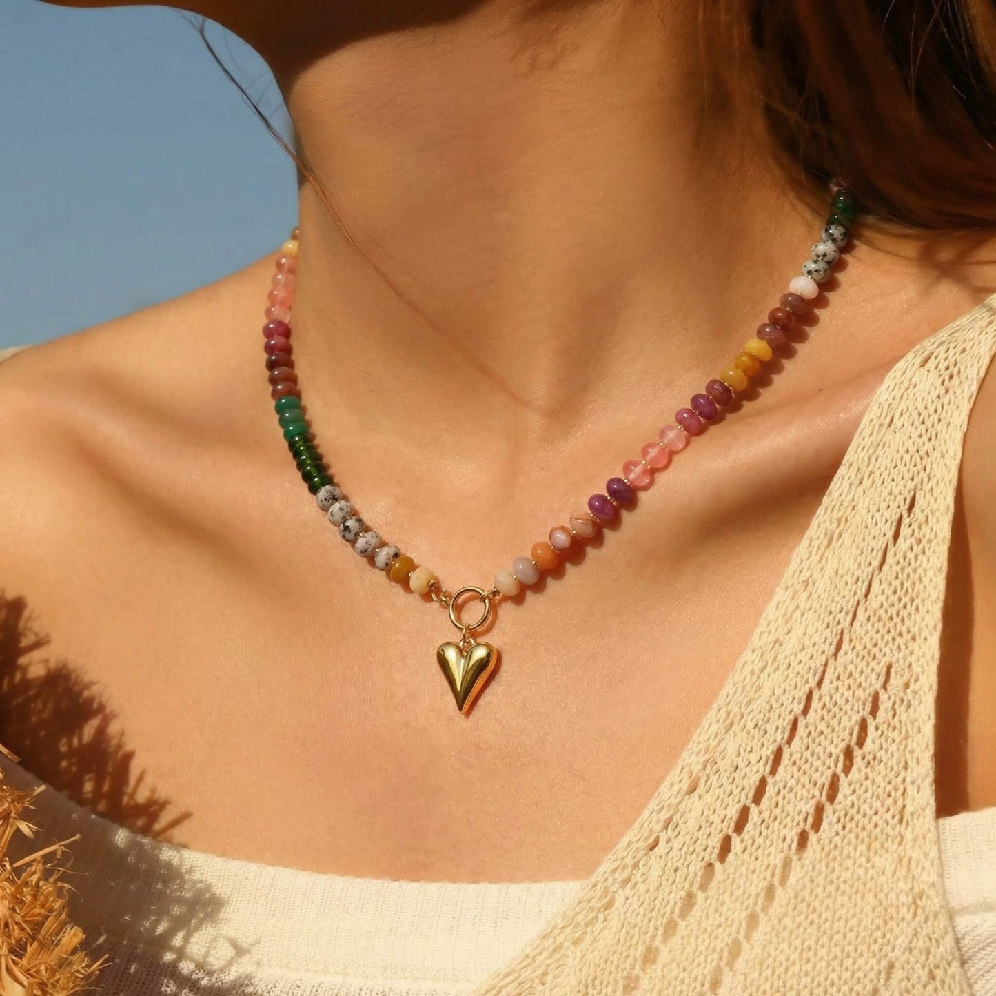 Rainbow Natural Stone Beaded Choker - Detachable Gold Heart Pendant