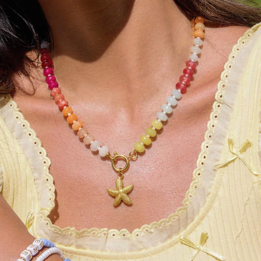 Rainbow Natural Stone Starfish Choker - Waterproof Stainless Steel Summer Necklace - Detachable Charm