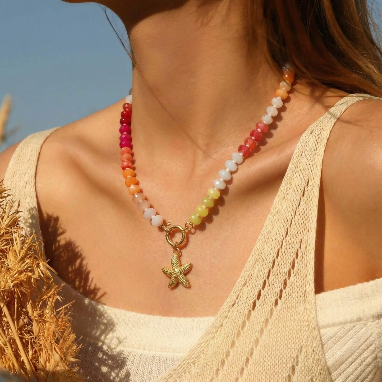 Rainbow Natural Stone Starfish Choker - Waterproof Stainless Steel Summer Necklace - Detachable Charm