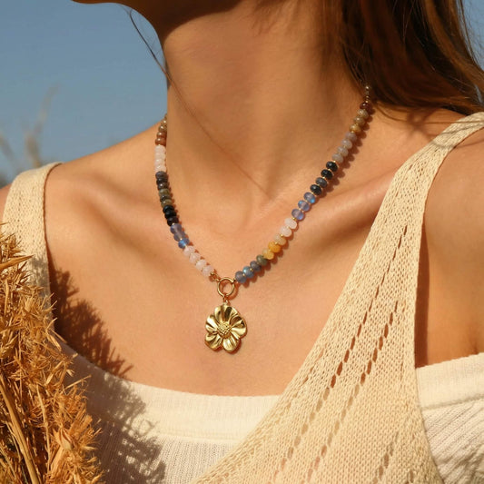 Earth Tone Natural Stone Beaded Choker - Detachable Gold Flower Pendant - Summer Necklace
