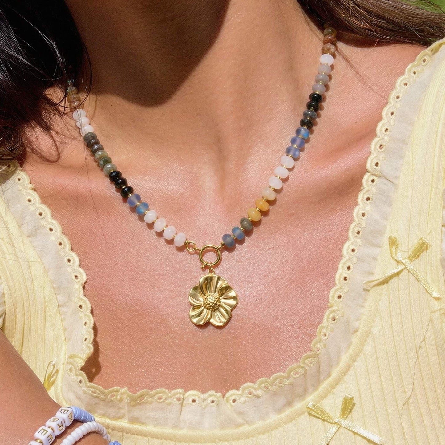 Earth Tone Natural Stone Beaded Choker - Detachable Gold Flower Pendant - Summer Necklace