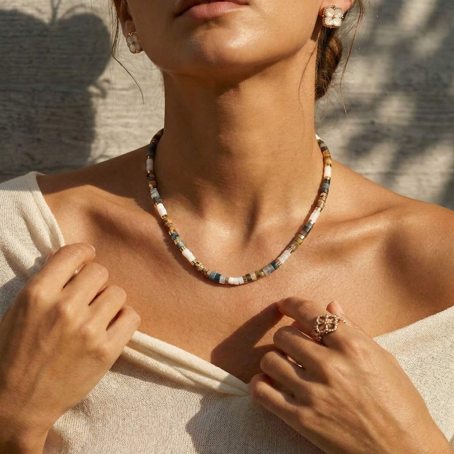 Earthy Natural Stone Beaded Choker - Square Gold Spacer Necklace - Boho Clavicle Chain
