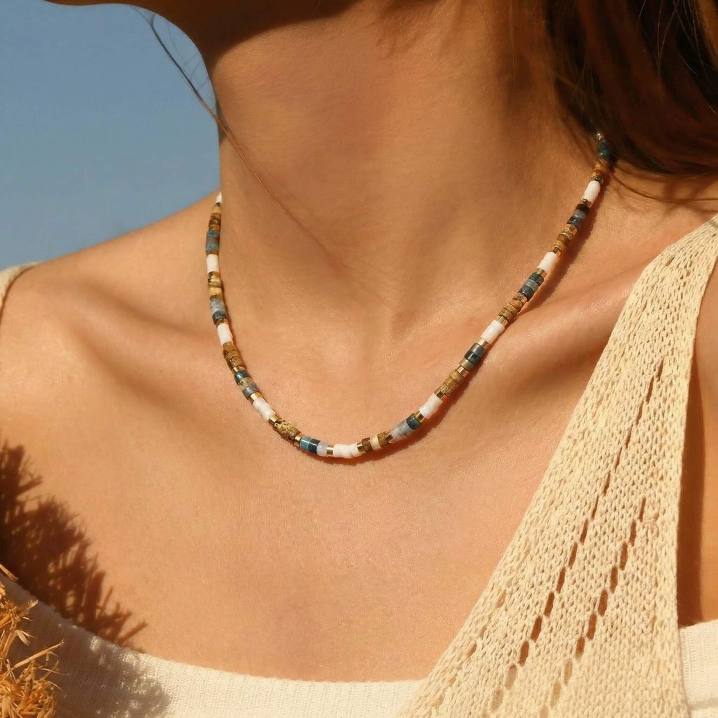 Earthy Natural Stone Beaded Choker - Square Gold Spacer Necklace - Boho Clavicle Chain