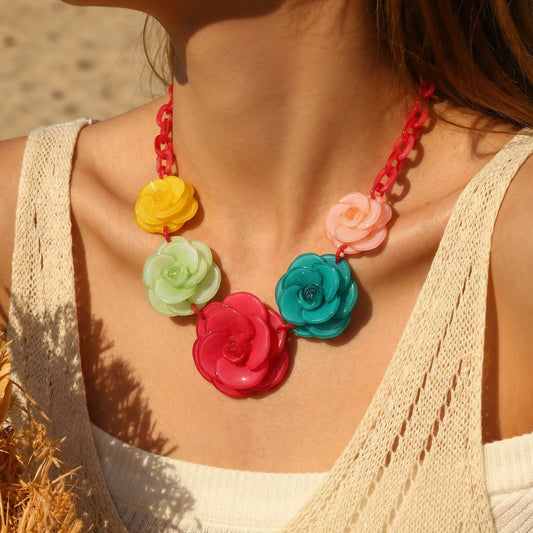 Bold Colorful Acrylic Flower Statement Necklace & Earring Set - Retro Floral Jewelry