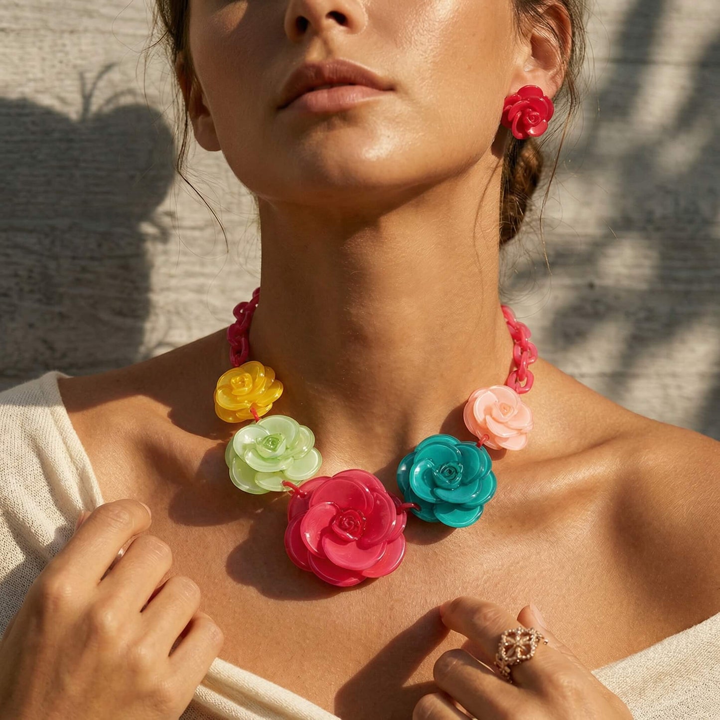 Bold Colorful Acrylic Flower Statement Necklace & Earring Set - Retro Floral Jewelry