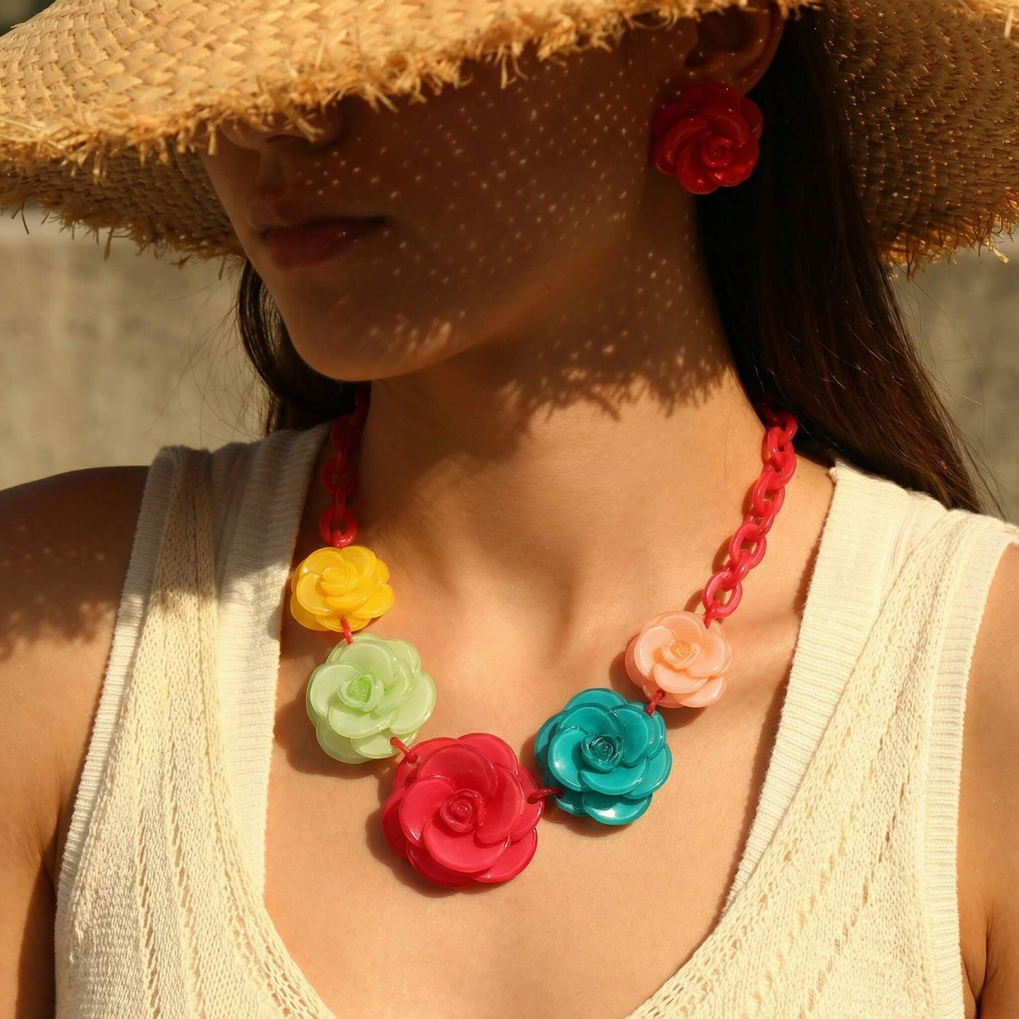 Bold Colorful Acrylic Flower Statement Necklace & Earring Set - Retro Floral Jewelry