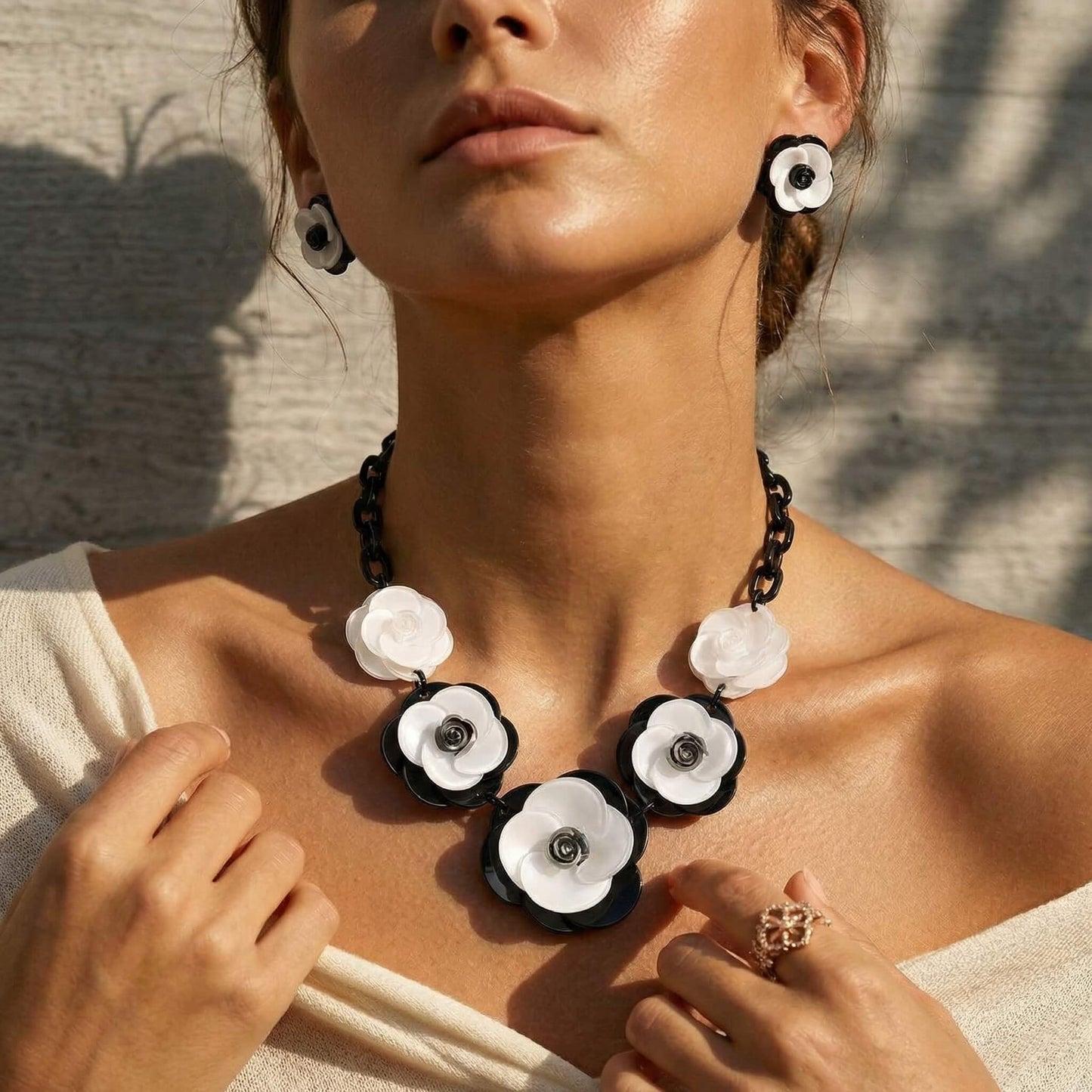 Bold Black & White Acrylic Flower  Jewelry Set - Retro Camellia Inspired Necklace & Earrings
