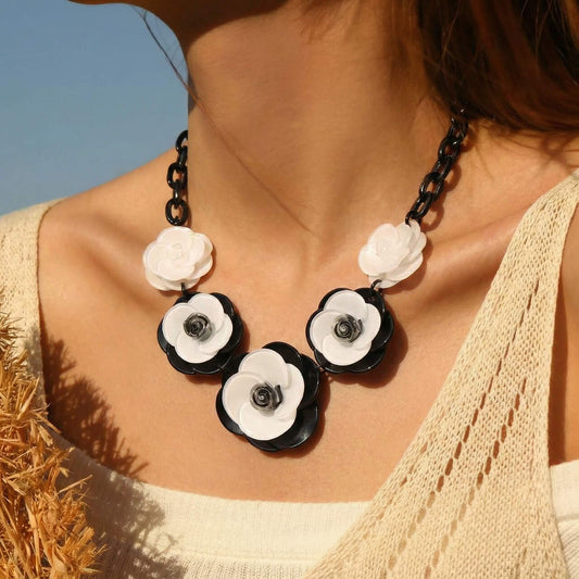Bold Black & White Acrylic Flower  Jewelry Set - Retro Camellia Inspired Necklace & Earrings