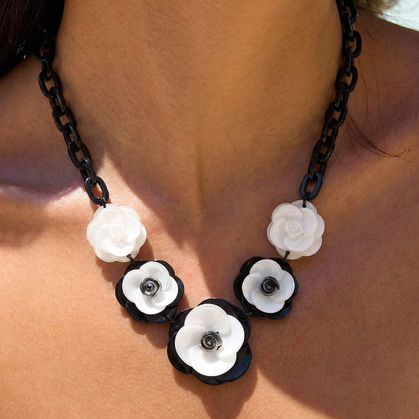 Bold Black & White Acrylic Flower  Jewelry Set - Retro Camellia Inspired Necklace & Earrings