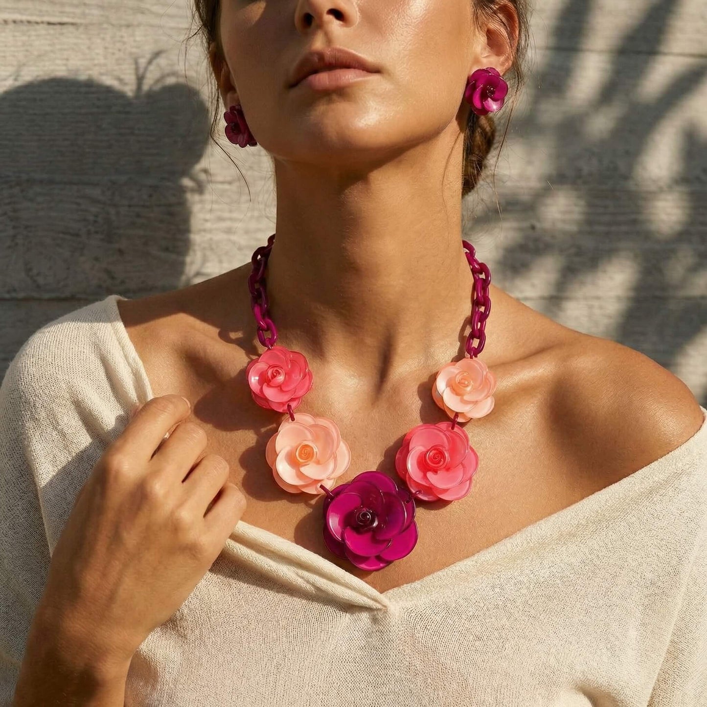 Magenta & Coral Ombre Acrylic Rose Necklace & Earring Set - Retro Chunky Floral Jewelry