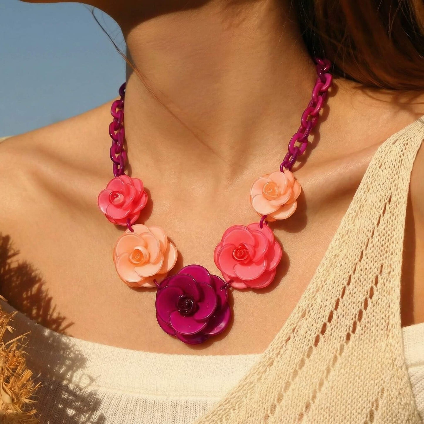 Magenta & Coral Ombre Acrylic Rose Necklace & Earring Set - Retro Chunky Floral Jewelry