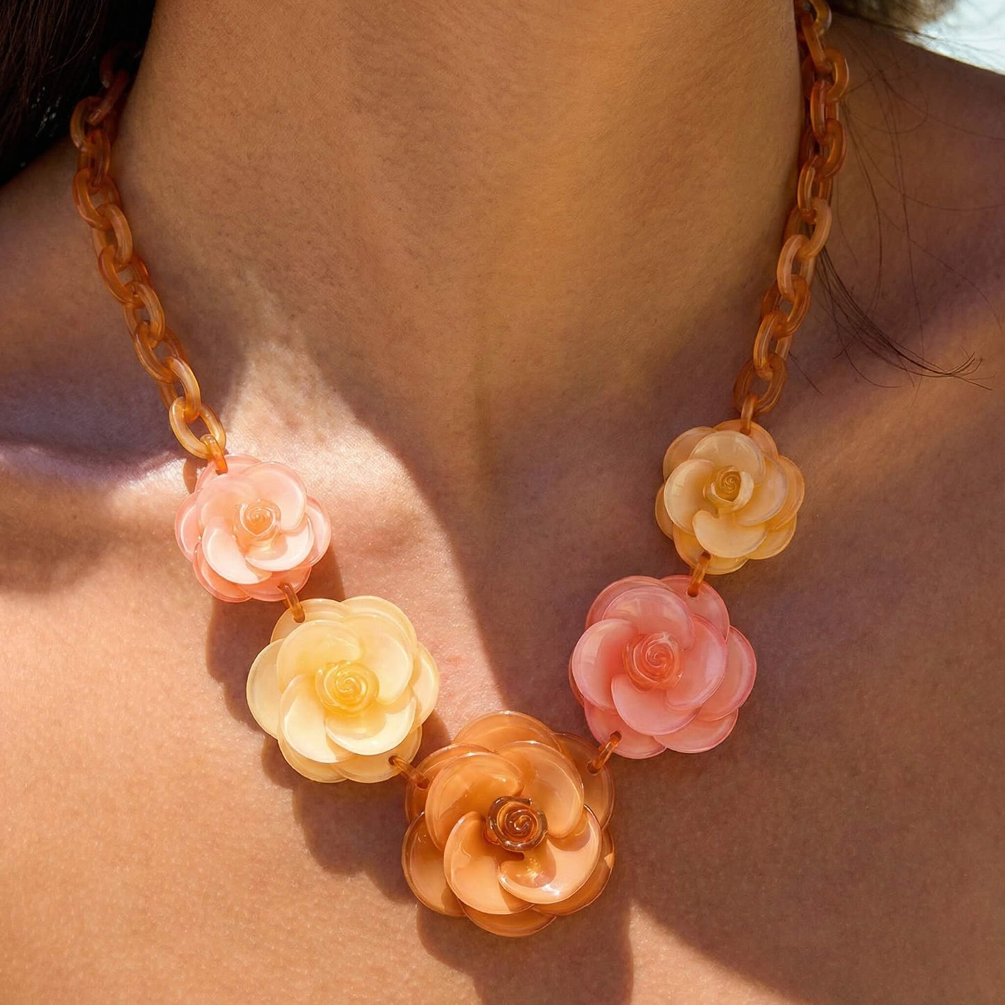 Retro Honey Amber Acrylic Flower Statement Set - Chunky Floral Necklace & Earrings