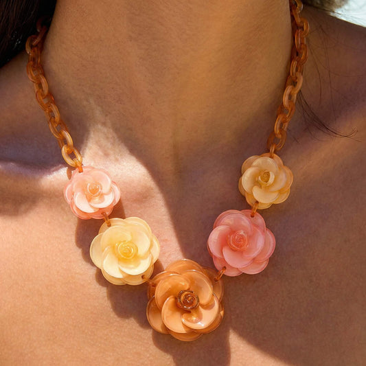 Retro Honey Amber Acrylic Flower Statement Set - Chunky Floral Necklace & Earrings