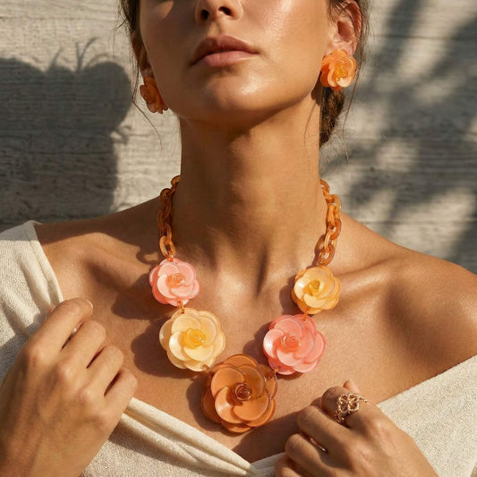 Retro Honey Amber Acrylic Flower Statement Set - Chunky Floral Necklace & Earrings