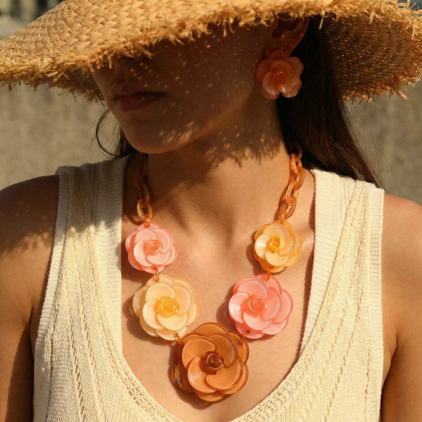 Retro Honey Amber Acrylic Flower Statement Set - Chunky Floral Necklace & Earrings