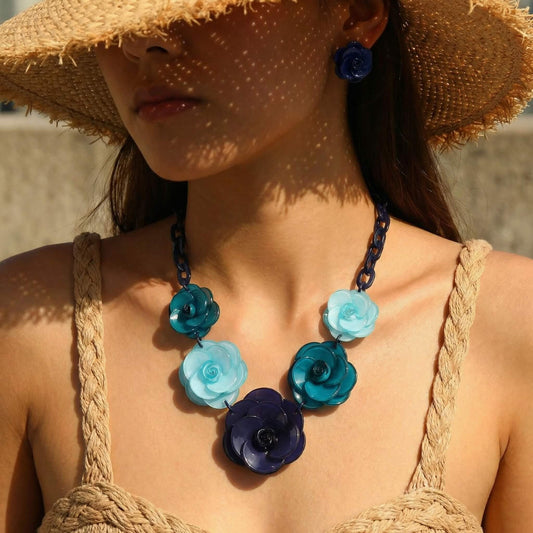 Bold Blue Tone Acrylic Flower Statement Jewelry Set - Chunky Necklace & Earrings